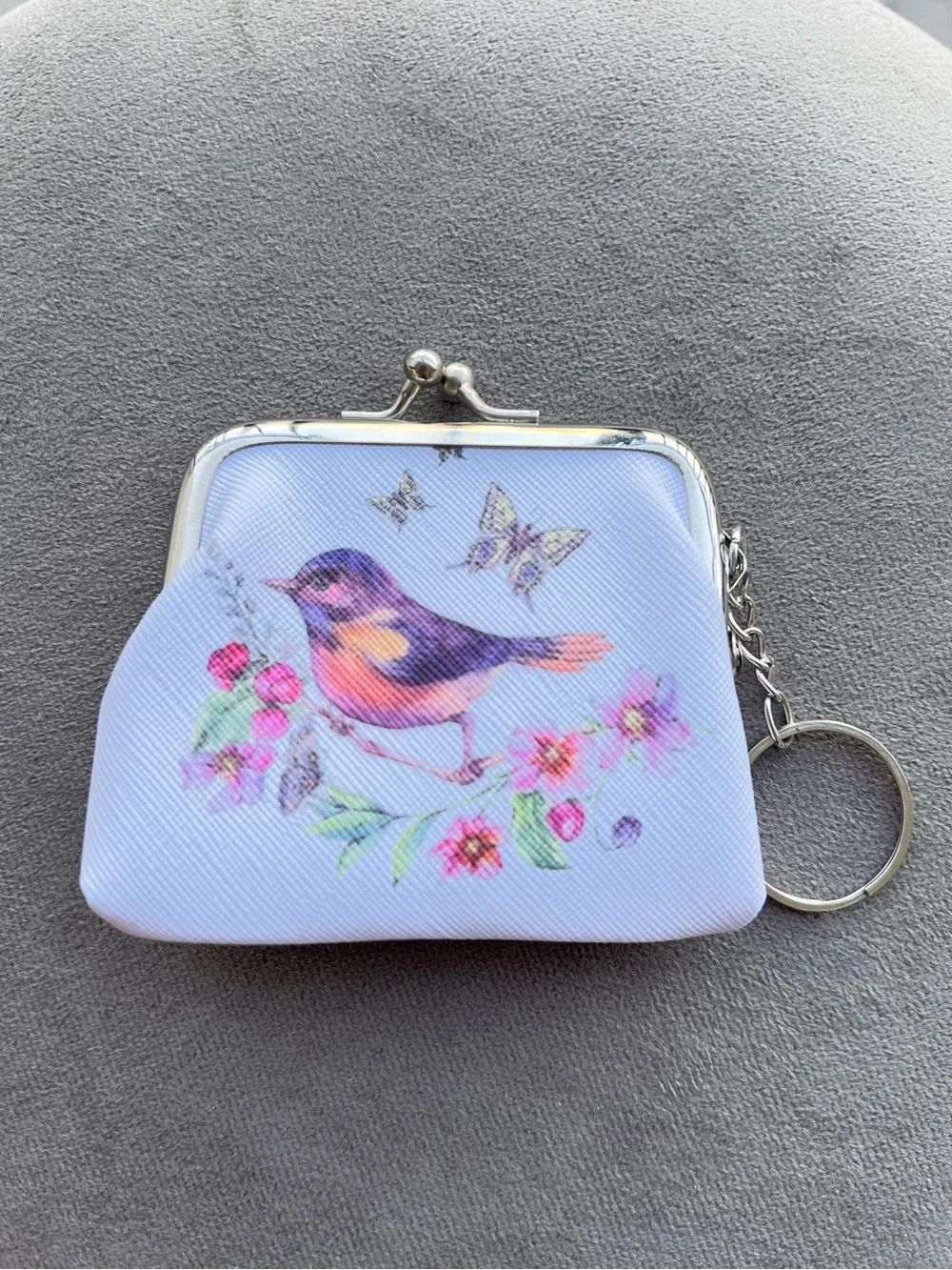 Bird & Floral White Coin Purse Keychain